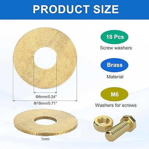 Miniatura 2 de MECCANIXITY Paquete de 18 arandelas planas de latón, arandelas de cobre M6 surtido, 0.236 in de diámetro interior, 0.709 in de diámetro exterior,