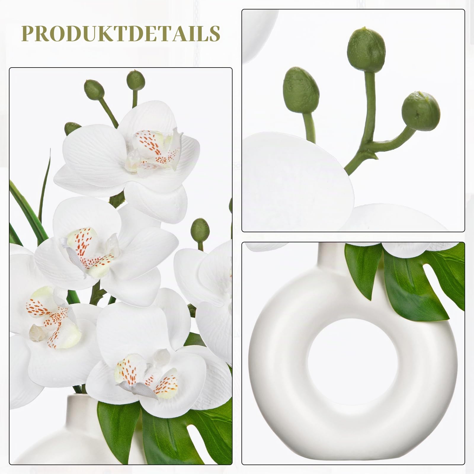 2er-Set Mini Kunstpflanze Orchideen Kunstblumen mit Keramik Donut Vase Künstliche Deko Blumen Kunstblumen Wie Echt Mit Real-Touch Blüten im Keramiktopf Tischdeko Fensterbank Deko, Weiß