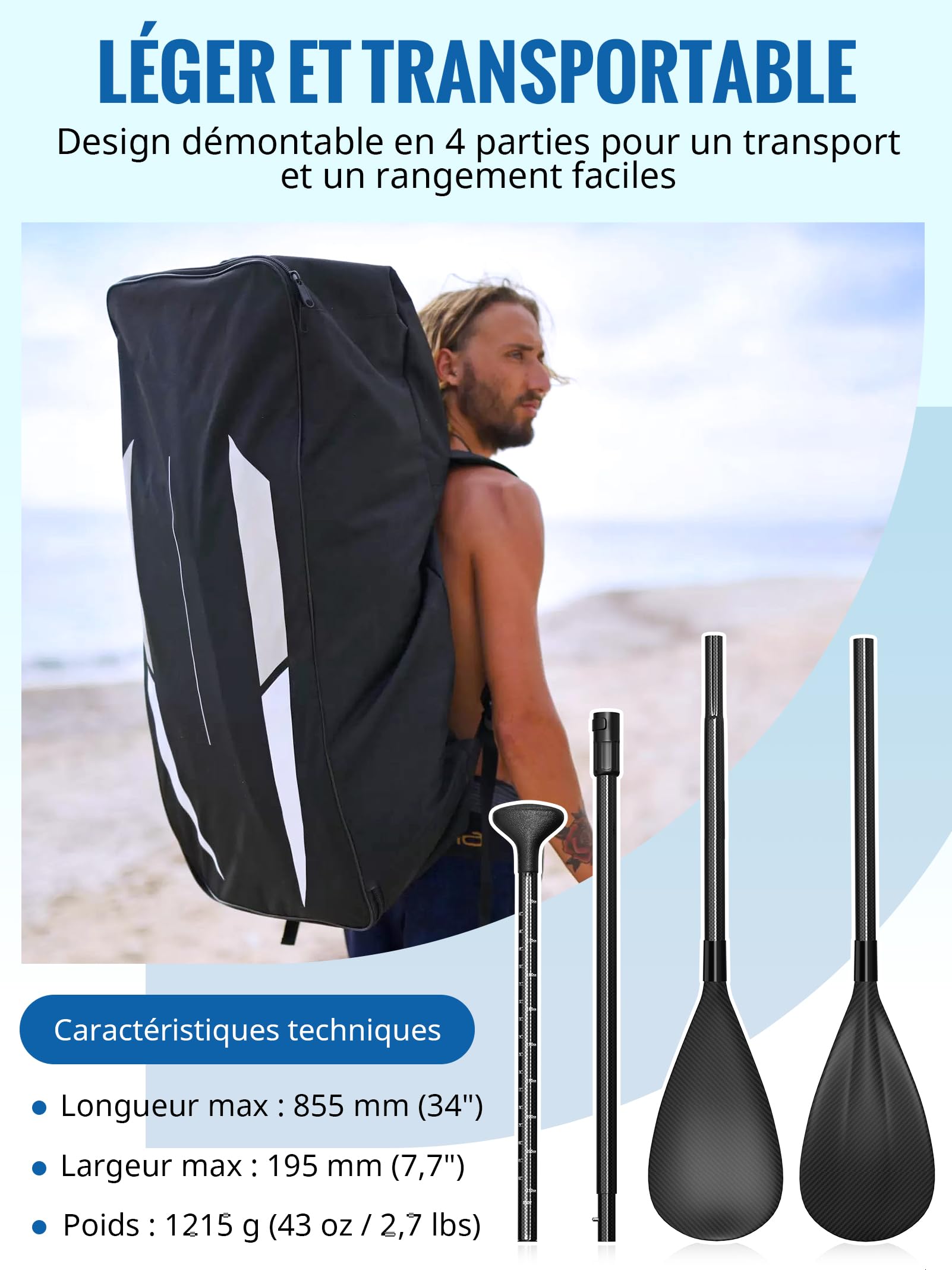 Remo 2 en 1 adecuado para tablas de remo de pie y kayaks – Longitud ajustable de 175 a 210 centímetros – Ligero y resistente – Construcción de fibra de carbono y nailon