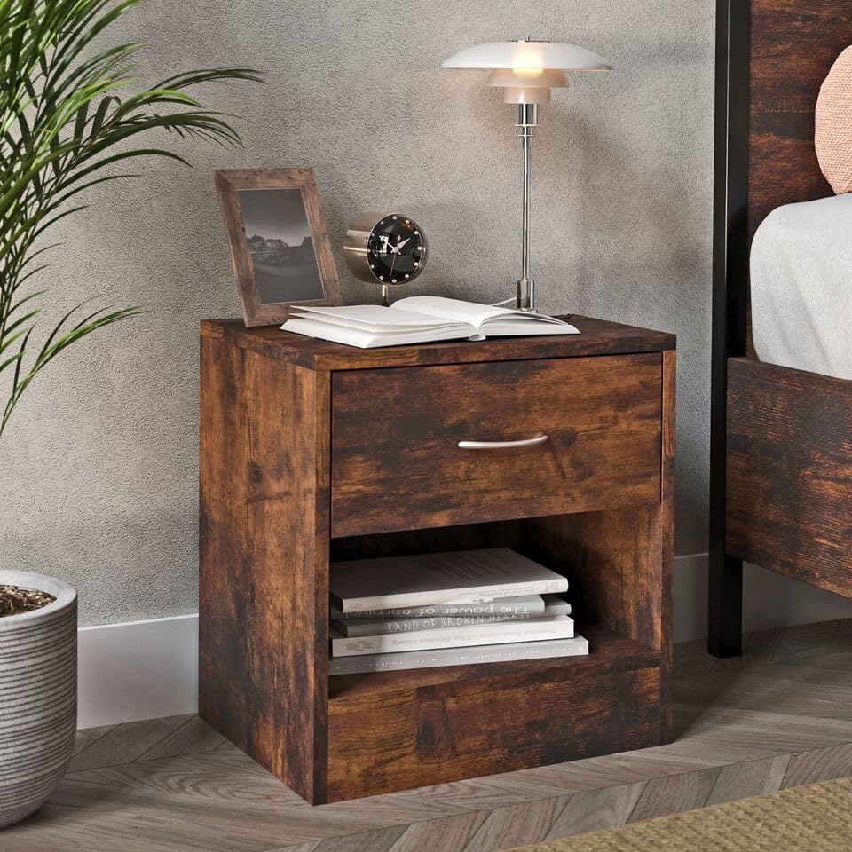 URBNLIVING Mesita de noche compacta de madera para dormitorio, mesita de noche, 1 cajón (color marrón rústico)