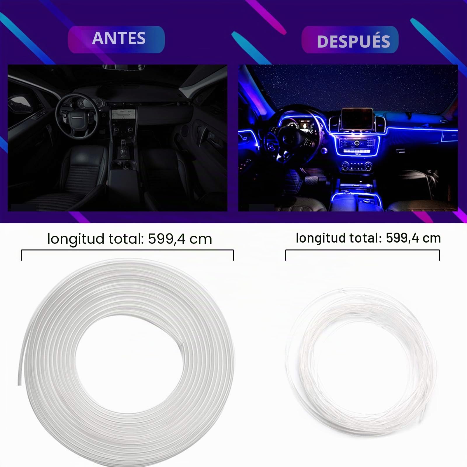 Tira de luz interior LED para coche, 16 millones de colores 5 en 1 con fibra óptica de 236 pulgadas,kit de iluminación ambiental de atmósfera activa de sonido RGB para automóvil-Control de aplicación