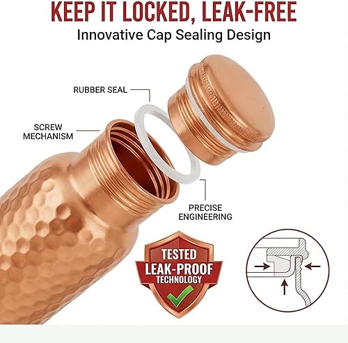 Miniatura 2 de STORE INDYA Botella de agua de cobre para agua potable de 30 onzas | Botella de agua ayurvédica de cobre 100% puro con tapa a prueba de fugas |