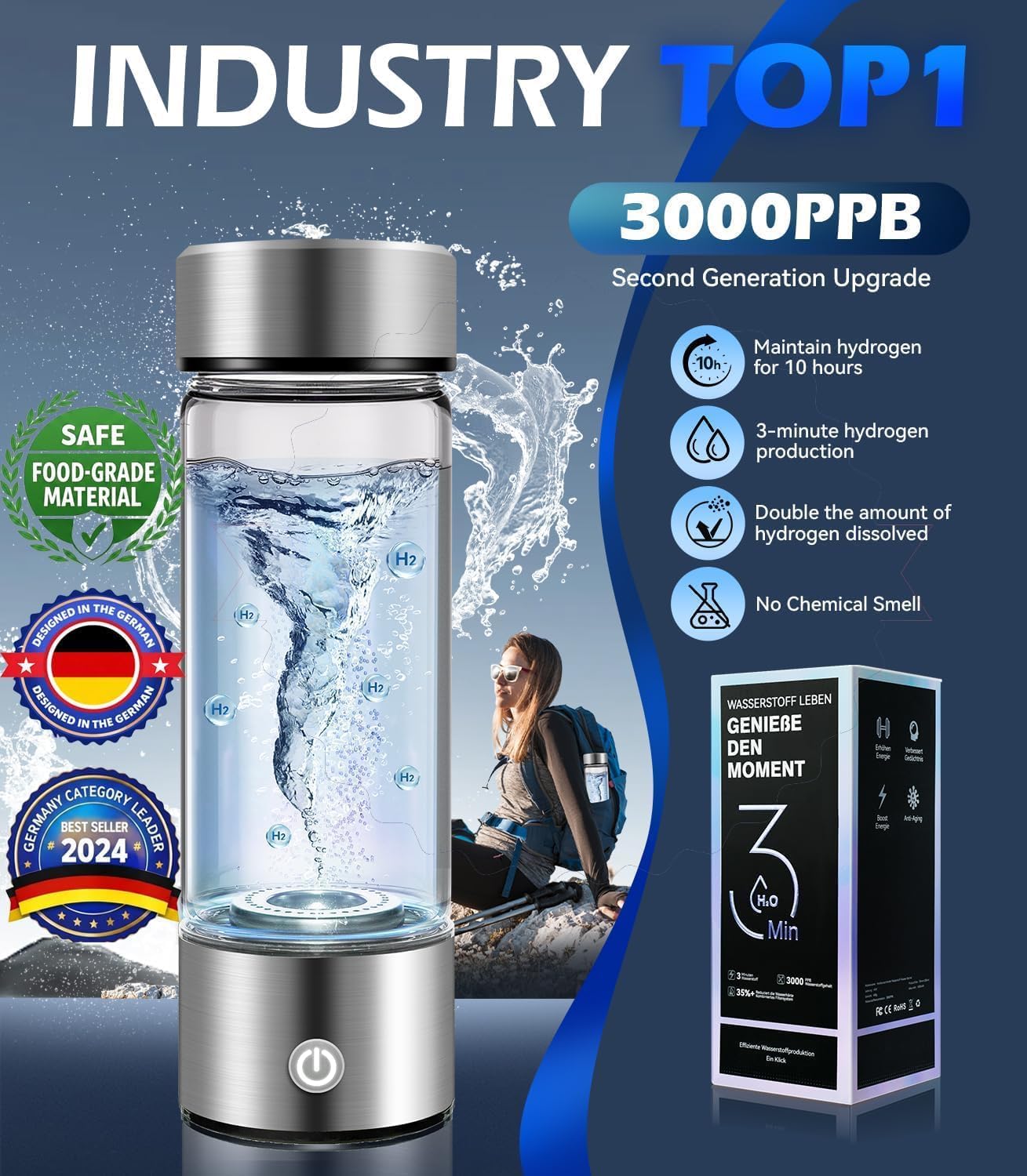 new upgrade hydrogen water bottle generator ?no.1 double hydrogen content? ?industry top - 24-hour hydrogen lock? | 0 chlorine & 0 ozone | 100% leak-proof seal, hydrogen water bottle generator