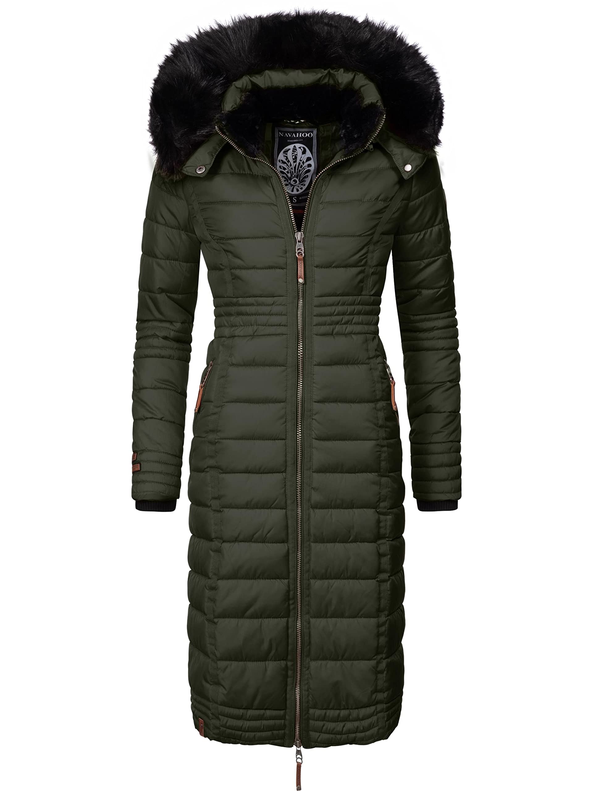 Navahoo Women's Olive Umay Winter Coat, Warm Quilted Coat, Long, With Hood, Xs–Xxl, S