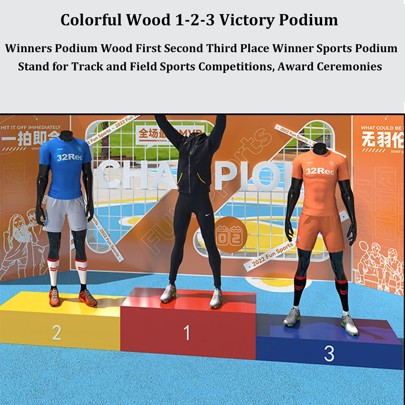 Stapelbares Siegerpodest aus Holz in leuchtenden Farben 1-2-3 für Sportveranstaltungen mit DREI Plätzen, Tragkraft 300 kg