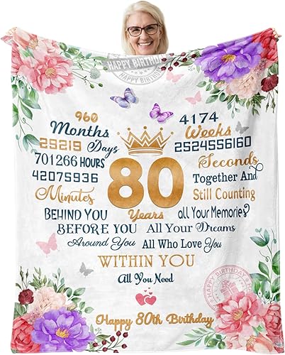 NANISKA Regalos de cumpleaños número 80 para mujeres, regalos de cumpleaños de 80 años para mujer, manta de 60 x 50 pulgadas, decoraciones de