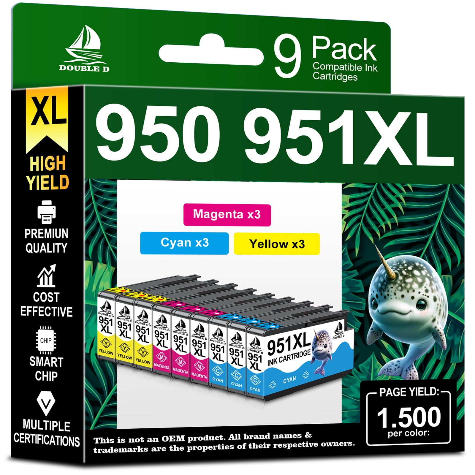 DOUBLE D 951XL Ink Cartridges Compatible for HP 951XL use with HP OfficeJet Pro 251dw 276dw 8100 8600 8610 8620 8615 8625 8630 Series (3 Cyan, 3
