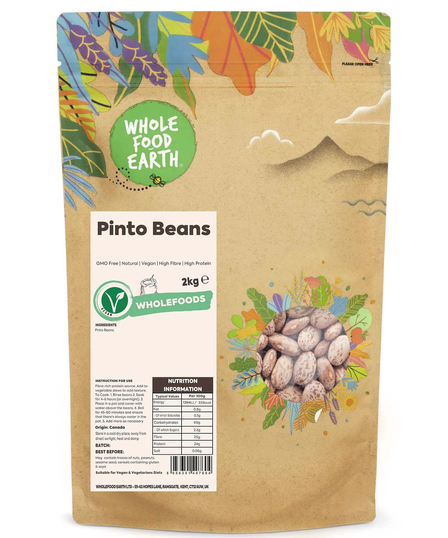 Wholefood Earth Pinto Beans 2 kg | GMO Free | Natural | High Fibre | High Protein