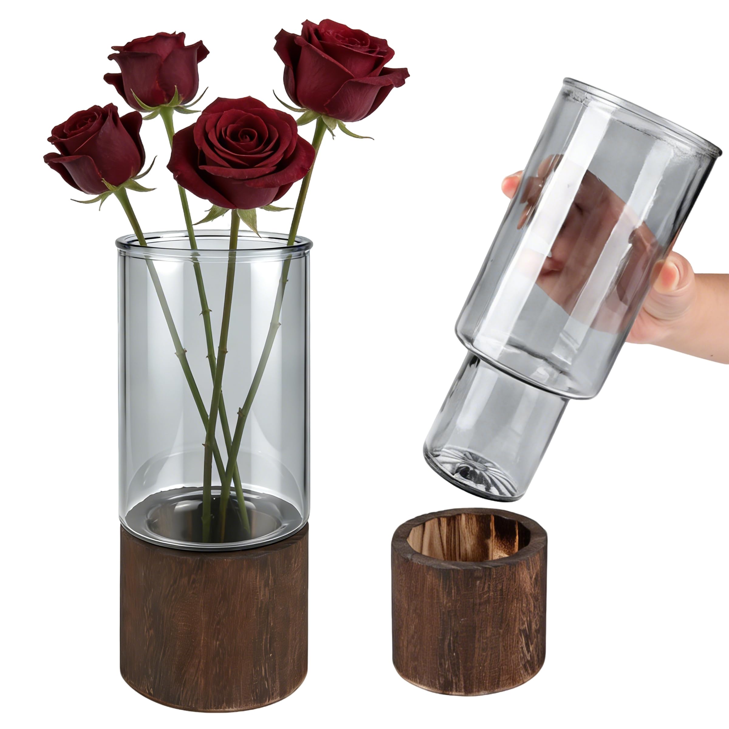 Glass Vase, Vase for Flowers,Smoked Grey Glass Flower Vase with Wooden Base