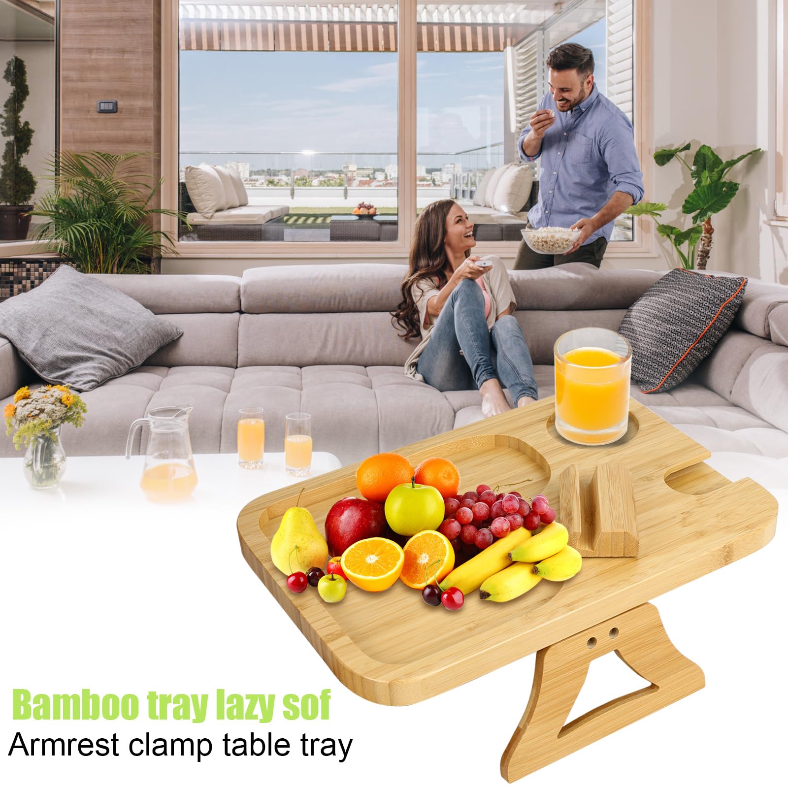 BAMBOOTRAY Vassoio Da Divano Con Clip E Supporto Telefono – Bambù, Girevole 360° - 6