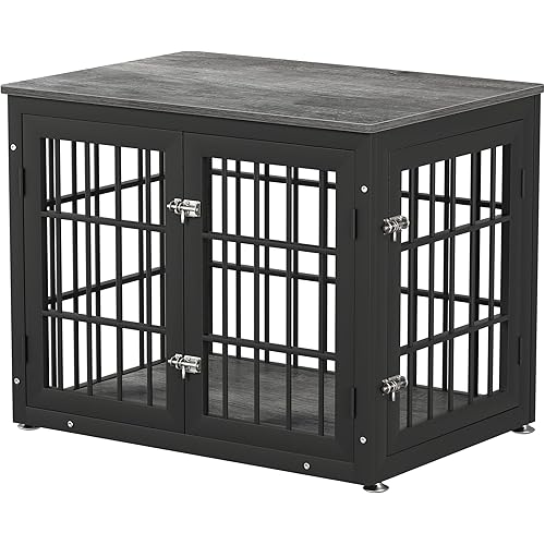 32 Inch Heavy Duty Dog Crate Furniture for Medium and Small Dogs, Decorative Pet House End Table, Wooden Cage Kennel Furniture Indoor, Gray