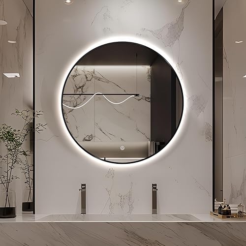 Espejo redondo retroiluminado LED de 32 pulgadas para baño, luz de tocador enmarcada negra, espejo de pared LED inteligente con 3 colores de