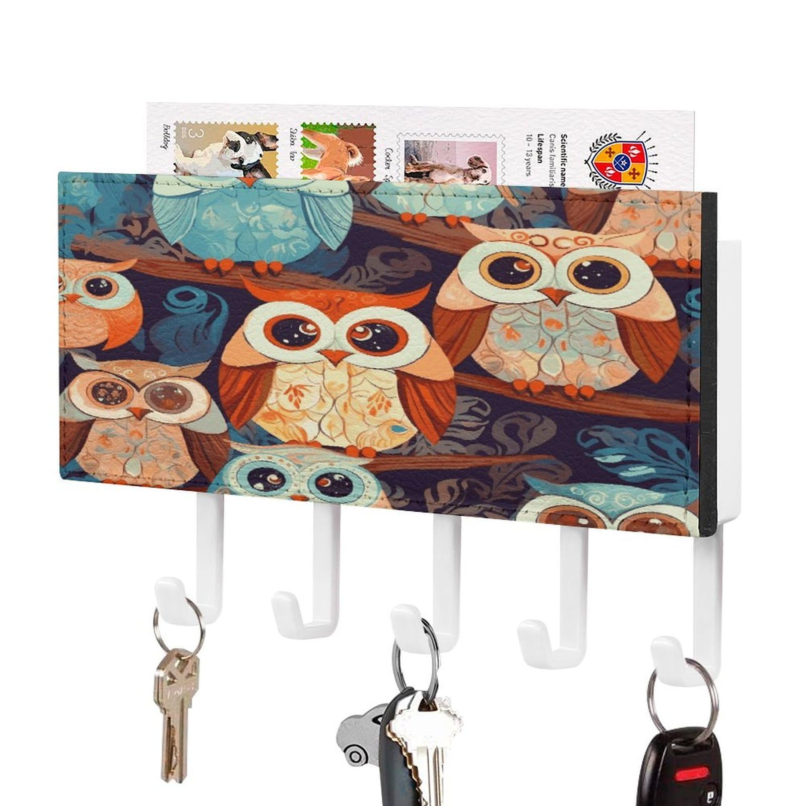 Fodpand White-Style Anime Owl Key Holder For Wall Mount Key Hooks Key Rack With Self Adhesive Pu Key Hanger Personalized Key Organizer Rack With 5 Hooks For Hallway Door Entryway