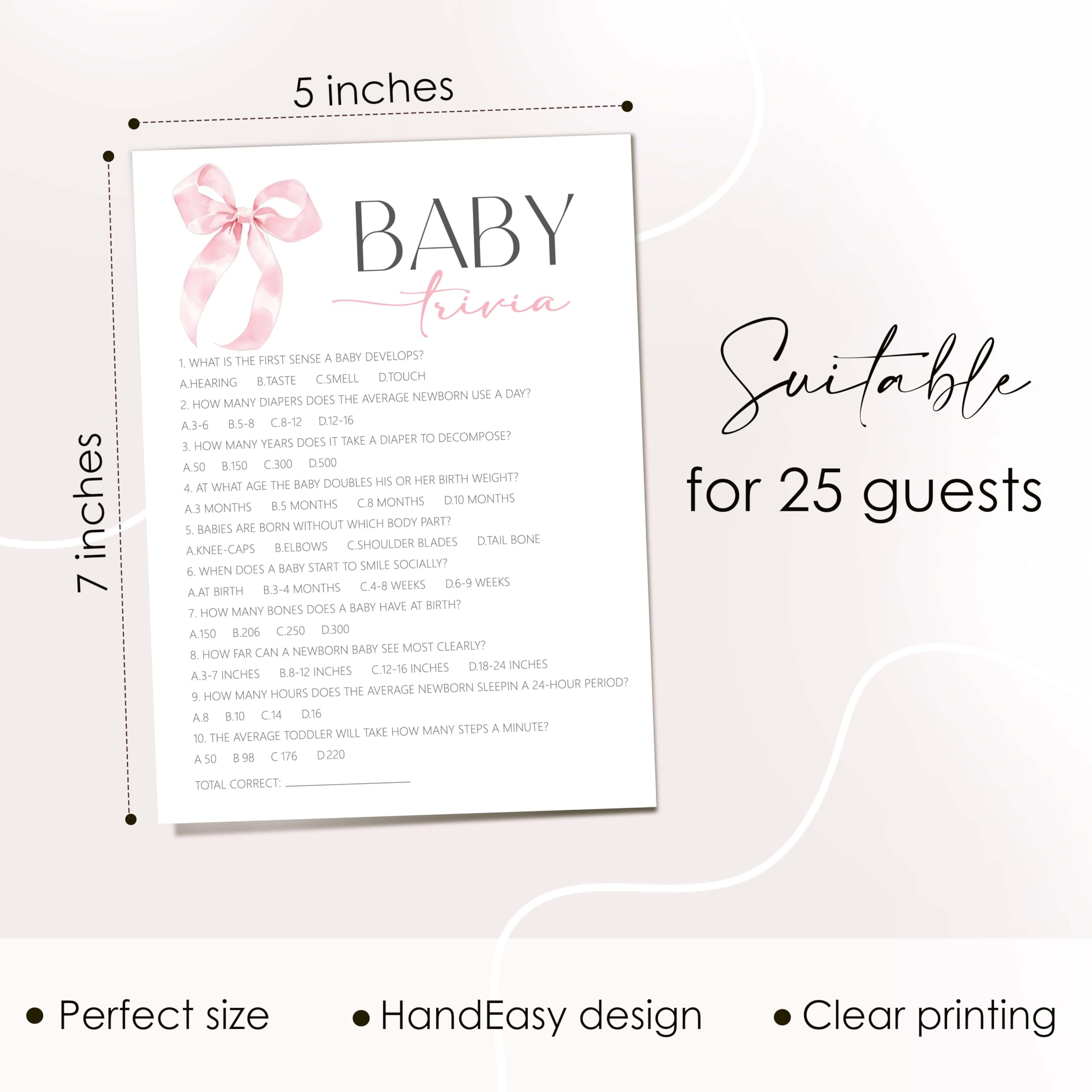 Pink Bow Baby Shower Games dla dziewczyn, Baby Trivia Game, 5"x7-25 szt.-B04