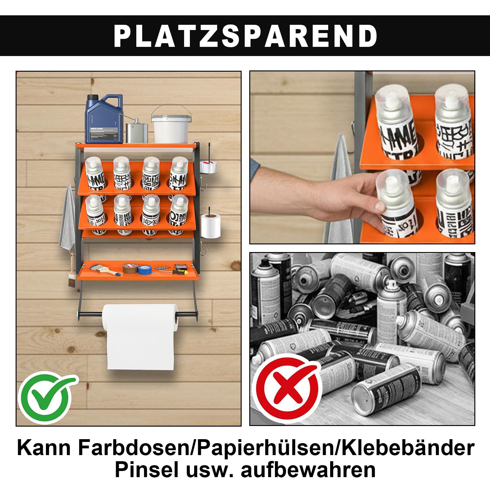 Doppelschichtiger Sprühflaschenhalter, Spray Paint Can Holder, Sprühflaschenregal für 8 Dosen mit 2 Ablagen und 6 Anhänger, Spraydosenhalter, Spraydosen Organizer für Garage und Zuhause