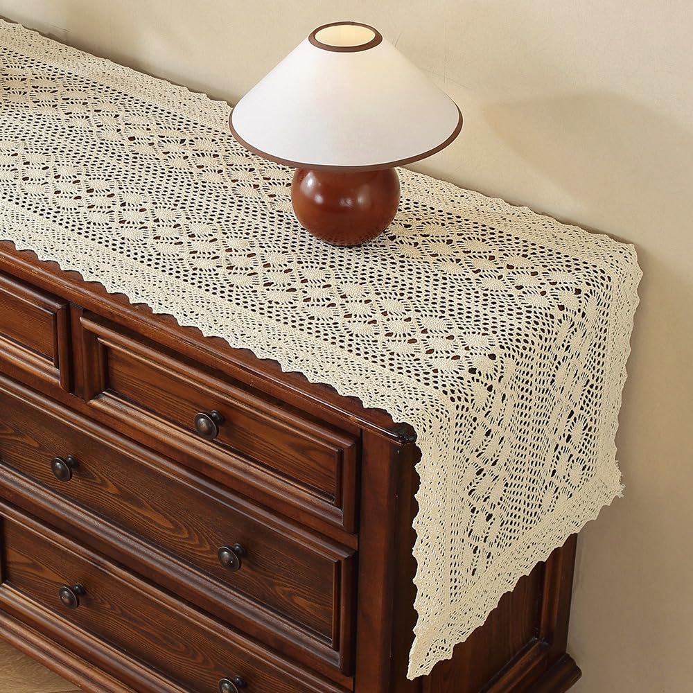 Clothfuna Lace Crochet Table Runner, Cream Cotton Dining Table Runner, Beige Runner for Coffee Table Sideboard Dresser Cover Protector, Party Wedding Home Decor, 42x150cm