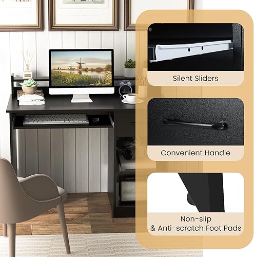 Miniatura 6 de GOFLAME Escritorio para computadora, escritorio de oficina en casa con cajones grandes, gabinete, bandeja para teclado, estantes abiertos ajustables