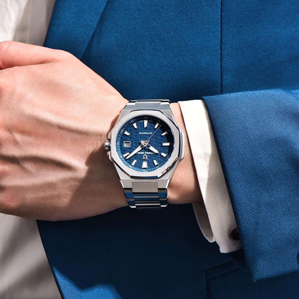Pagani Design Men's Automatic Mechanical Watch, 40mm Sapphire Glass 316L Stainless Steel, 100M Water Resistant, Luminous Date Display, Grid Dial Octagonal Bezel Dress Watch for Men