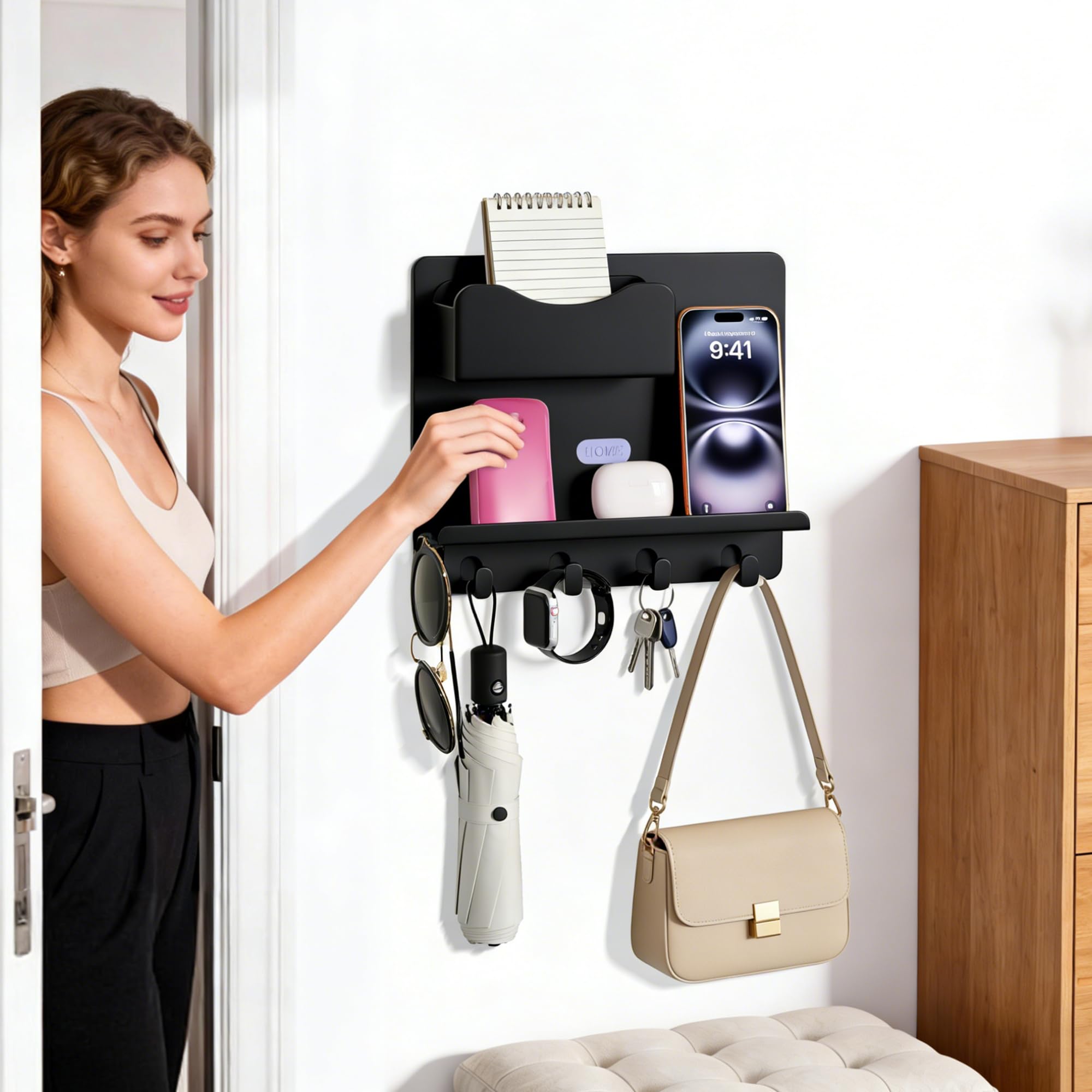 Floating Shelves for Bedside Shelf Accessories Organizer, Wall Mount Self Stick On, Cute Room Decor Aesthetic, Girls Room Decor, Cool Stuff For Bedroom Storage And Organization, Bedside Wall Organizer: New Style-Black