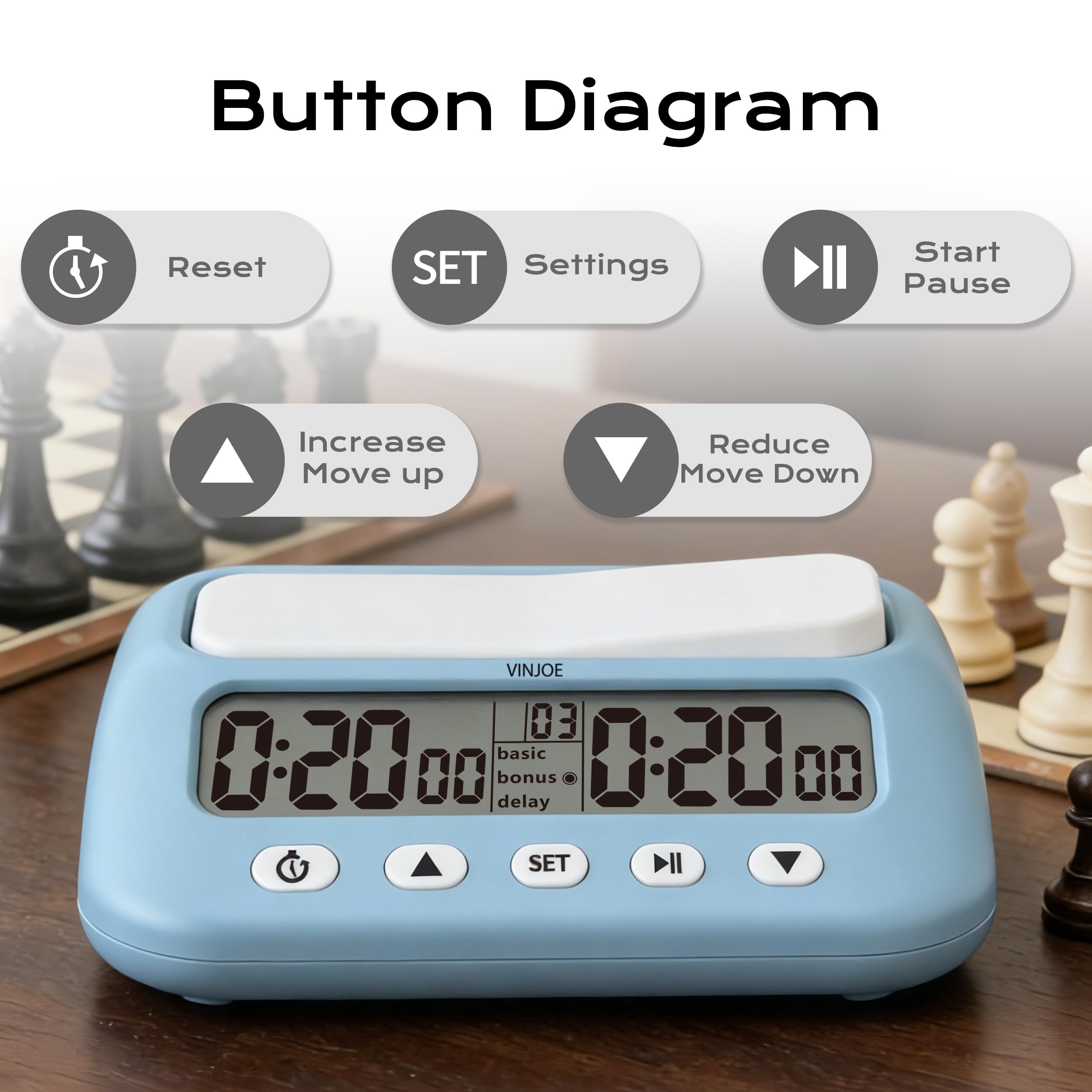 VINJOE Schachuhr, digitaler Schach-Timer, professionell für Brettspiele, tragbare digitale Schachuhr und Spiel-Timer mit Basic, Bonus, Verzögerung und positiven Zeitfunktionen, beste Geschenke für