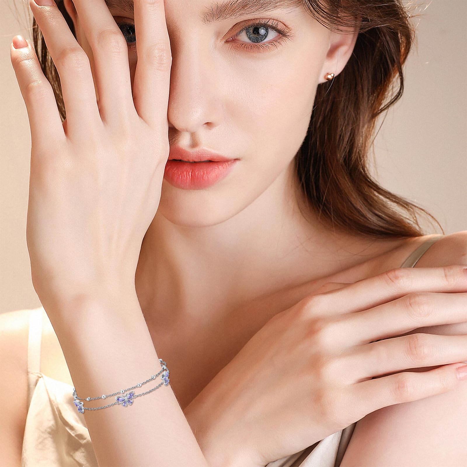 PROESS Schmetterlings Armband 925 Sterling Silber Glieder lila Doppel Armband Schmetterlings Schmuck Geschenke für Frauen Freundin Sie