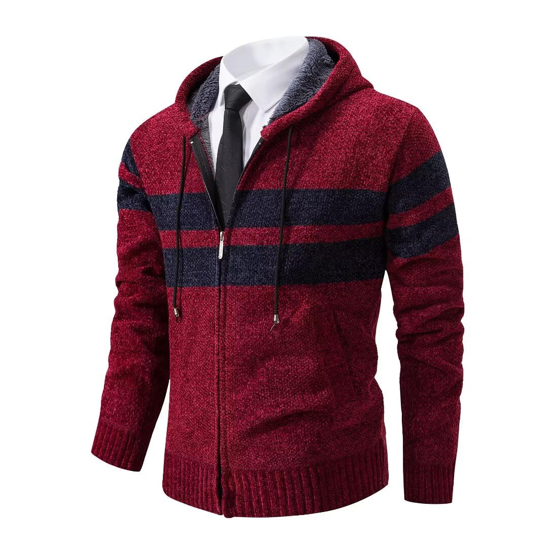 Shuanghao Männer Herren-Hoodie mit-Kapuze Pullover-Strickjacke Sweatshirt - Cardigan Freizeit Winter Warm Dicke Fleece-Innenseite Outdoor Kapuzenjacke Strick-Jacken für Herren Rot L（Streifen）