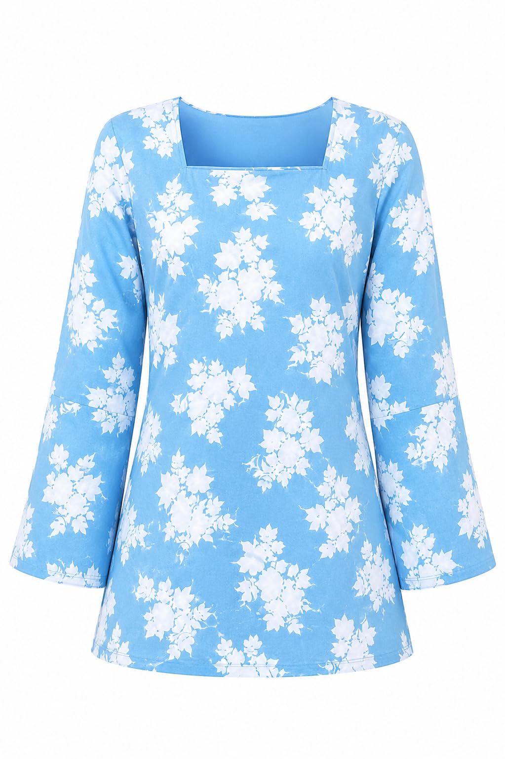 Women's Floral Print Tunic Top, Blue, Square Neck, Bell Sleeves-picture-37