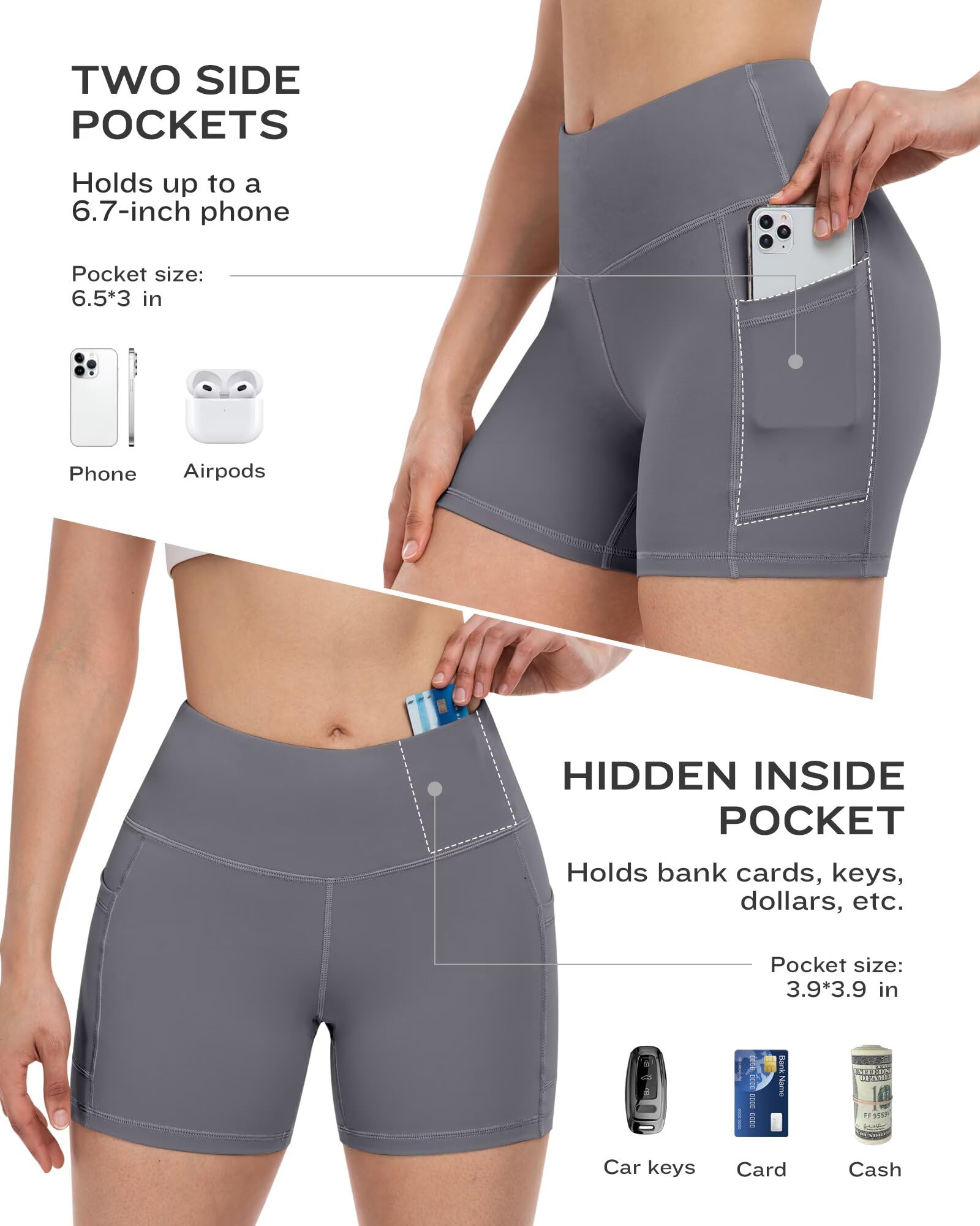 ATHVOTAR Lot de 4 shorts de yoga en élasthanne avec poches pour femme 7,6 cm/12,7 cm/20,3 cm, short de motard gainant le ventre, 2 noir/gris/gris clair, Taille L