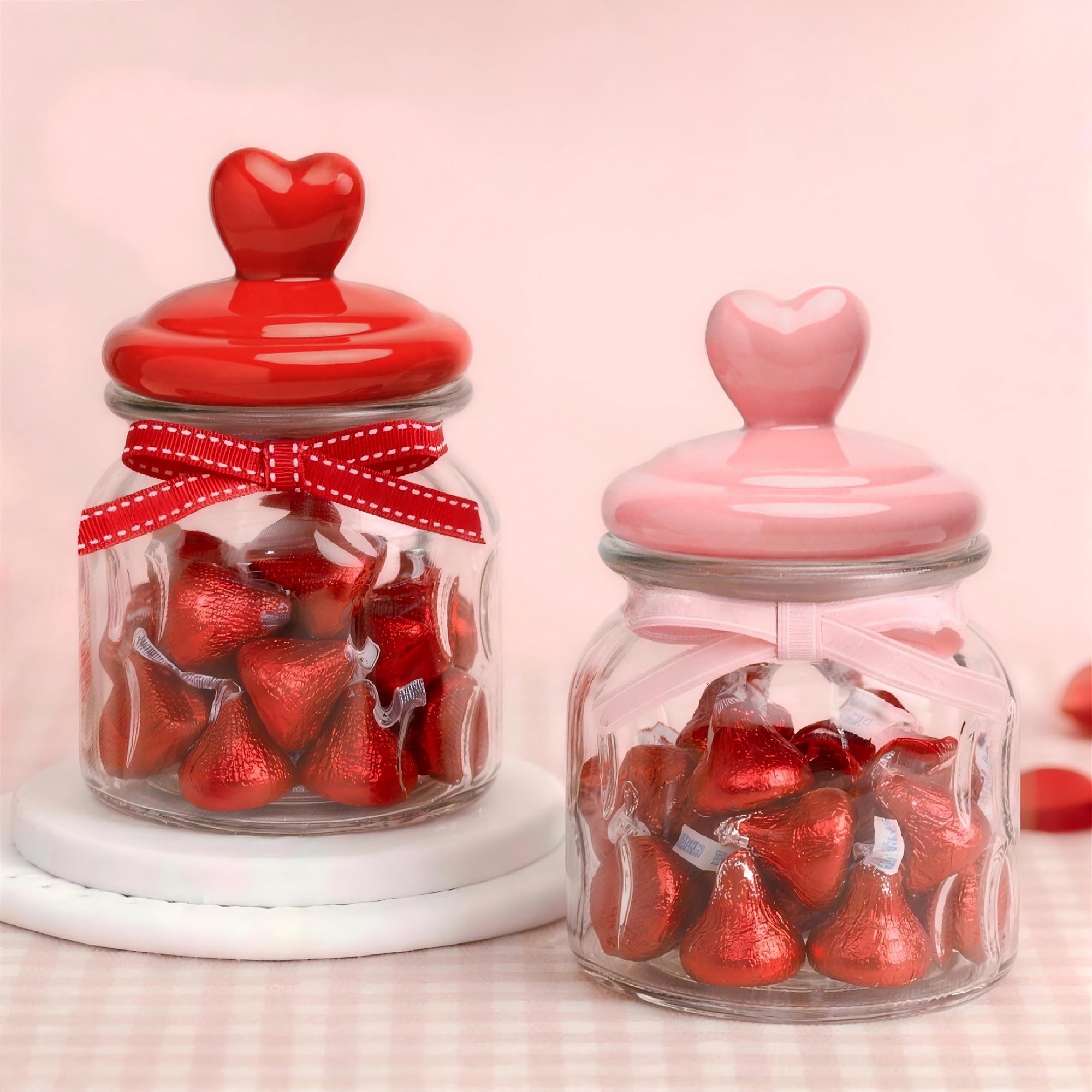 Valentines Day Decorations - 2 PCS Glass Jars with Ceramic Heart Shaped Lids - Keepsake Containers for Chocolates, Candy, Sweets with a Romantic Touch for Table Decor