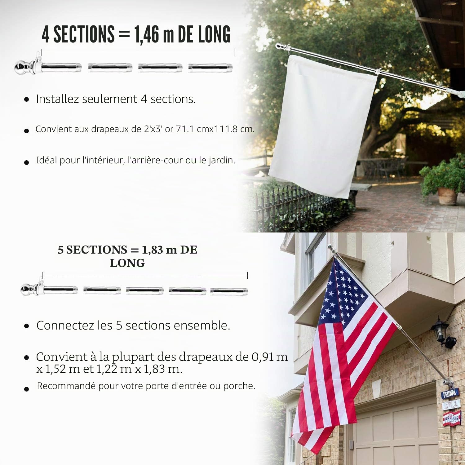 ANLEY Mât de drapeau mural en acier inoxydable de 1,8 m avec anneaux rotatifs sans enchevêtrement – Longueur réglable, robuste et antirouille pour maison, cour et commerce (2,5 cm de diamètre)