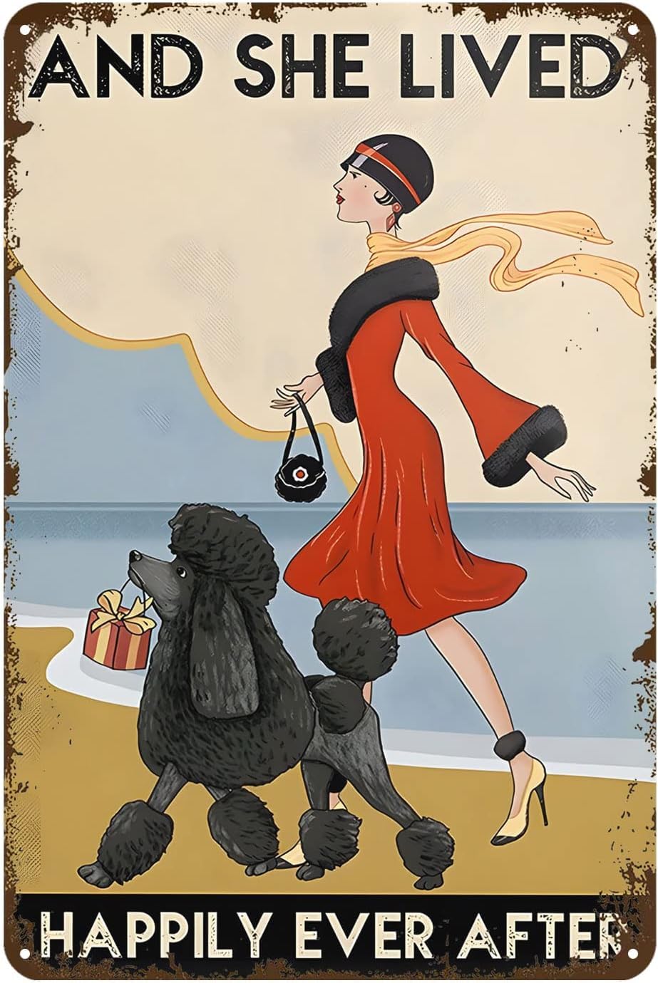 Yunking 10 Retro Metal Sign Black Poodle Dog And She Lived Happily Ever After Rustic Decor Vintage Tin Sign Home Kitchen Bar Cafe Club Cave Wall Decor Dog Tin Sign 12X8 Inch