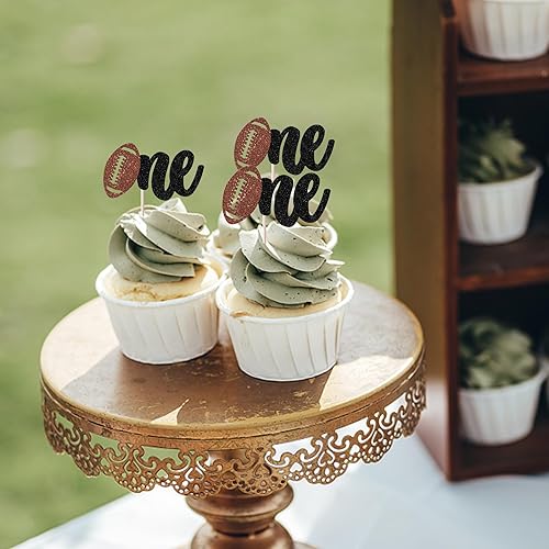 Miniatura 4 de Paquete de 24 adornos de rugby One Cupcake con purpurina de fútbol americano para primer cumpleaños, para deportes, un tema, baby shower, primer