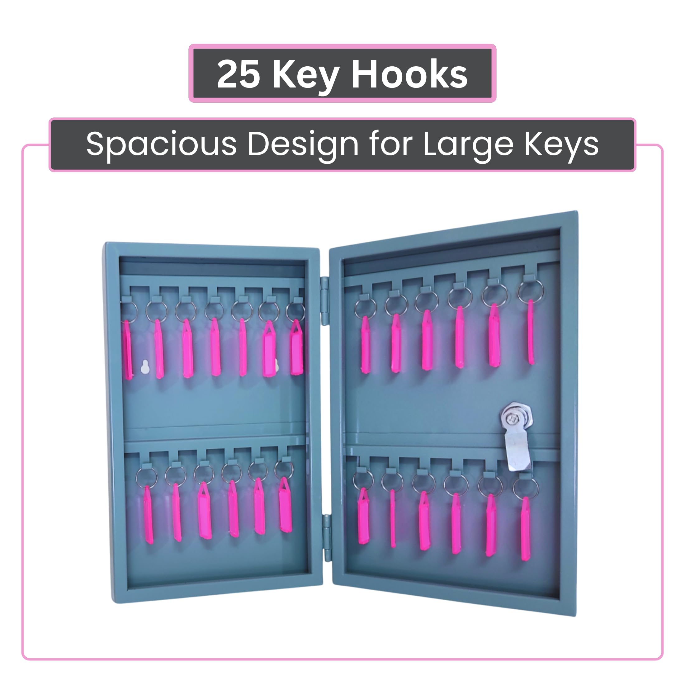Stellozi™ Super Strong Metal Key Box with 25 Keychains | 25 Keys Capacity | Wall Mounted Key Cabinet | Includes Wall Mounting Kit | Key Holder with Lock (Gray, 25 Hooks)