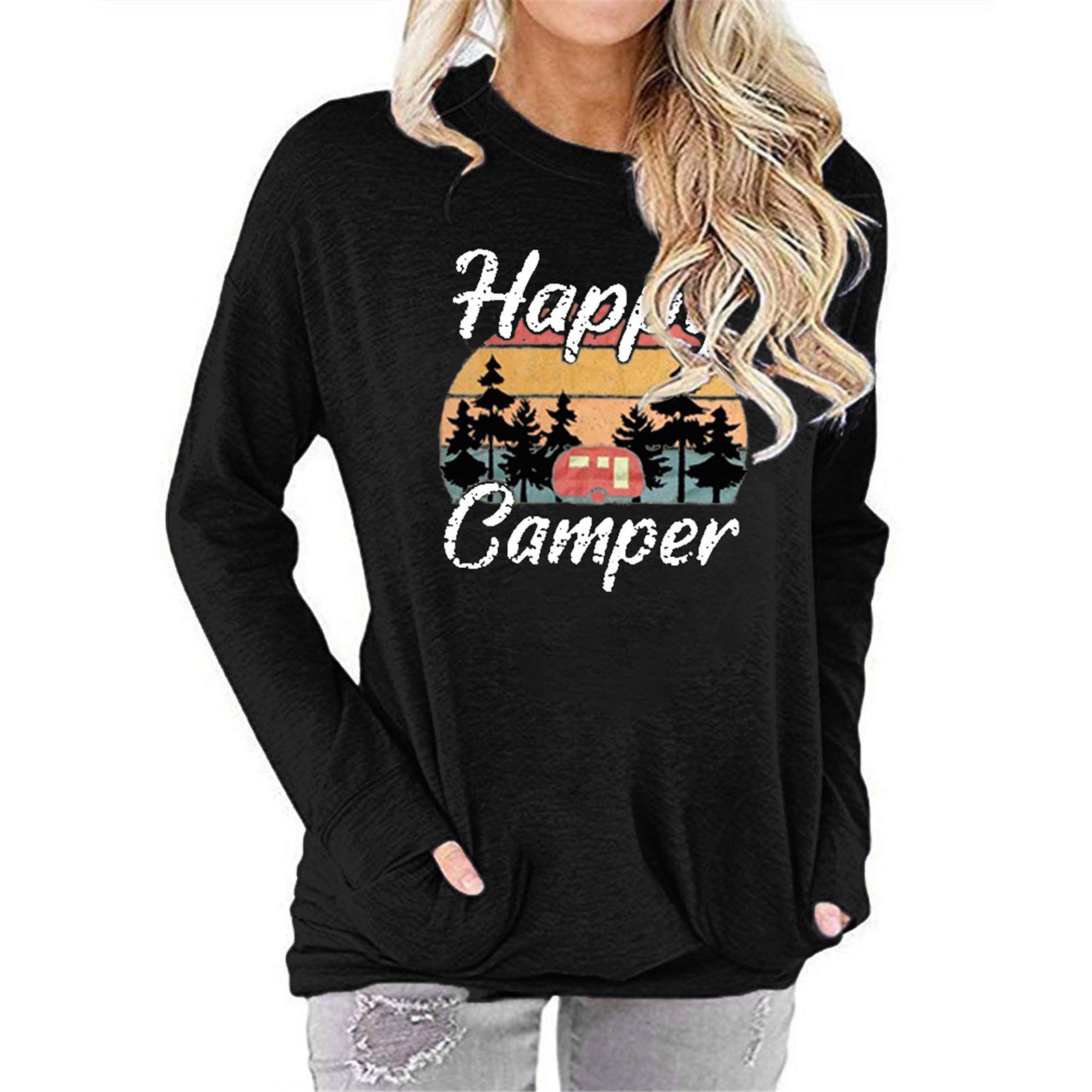 Fuyxxmer Womens Happy Camper Sweatshirt Vintage Mountain Graphic Tee Long Sleeve Pullover Blouses Top Shirts with Pockets