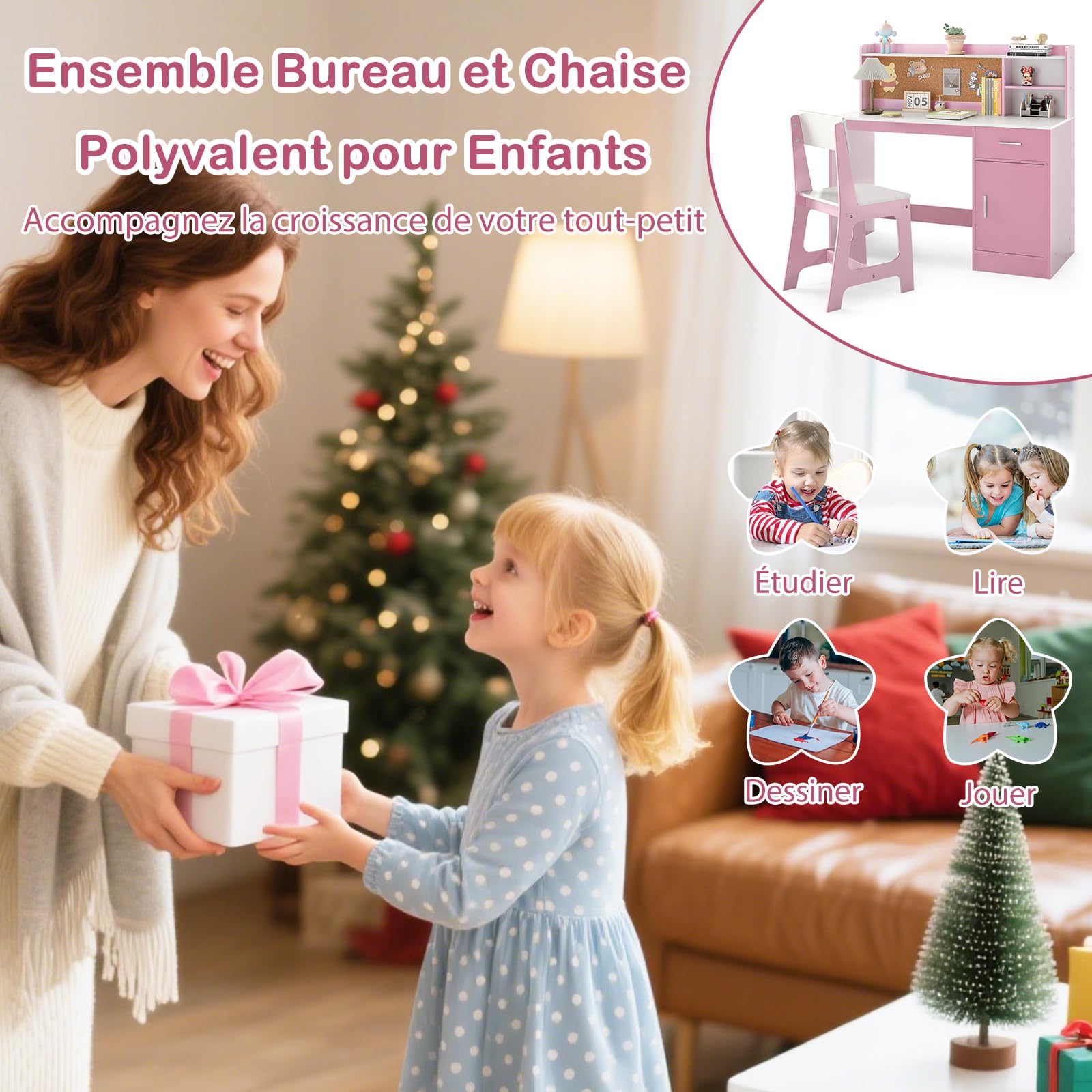 GOPLUS Bureau Enfant Garçon Fille avec Chaise, Bureau avec Rangement Étagère Tiroir Armoire, Panneau en Liège, Table Chaise Enfant pour Manger, Étudier, Dessiner (Rose)