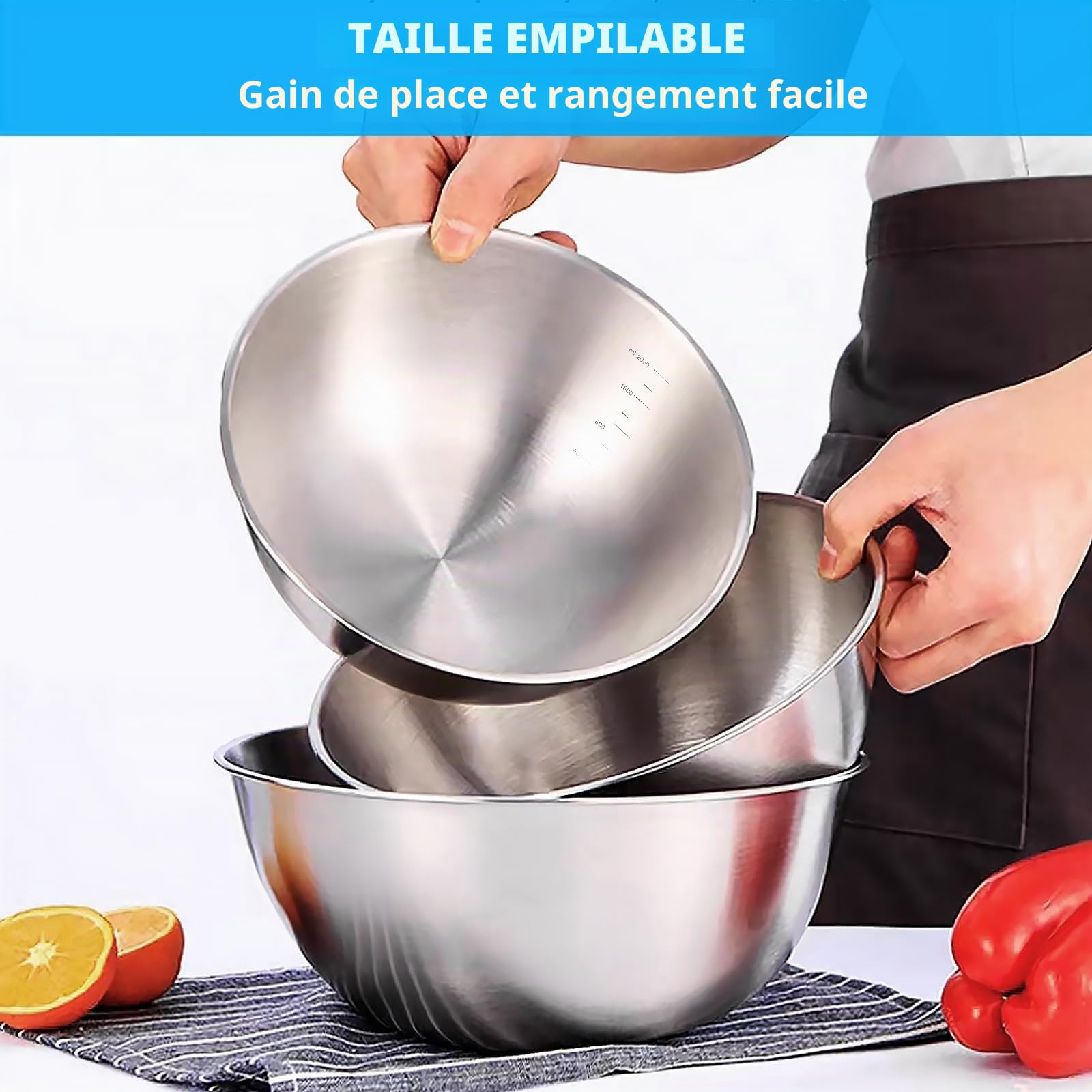 Lot de 5 bols en acier inoxydable, bol à salade, bol en acier inoxydable, bol de mélange, bol de cuisine, 1 l, 1,5 l, 2 l, 2,5 l, 3,5 l, pour la cuisine, peu encombrant