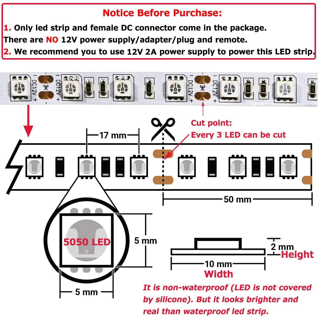 Tira de luces LED rojas de 12 V, tira de luces LED flexibles de 16.4 pies, 300 LED, 5050, cinta de luces para dormitorio, cocina, armario, espejo (adaptador de corriente no incluido) 8