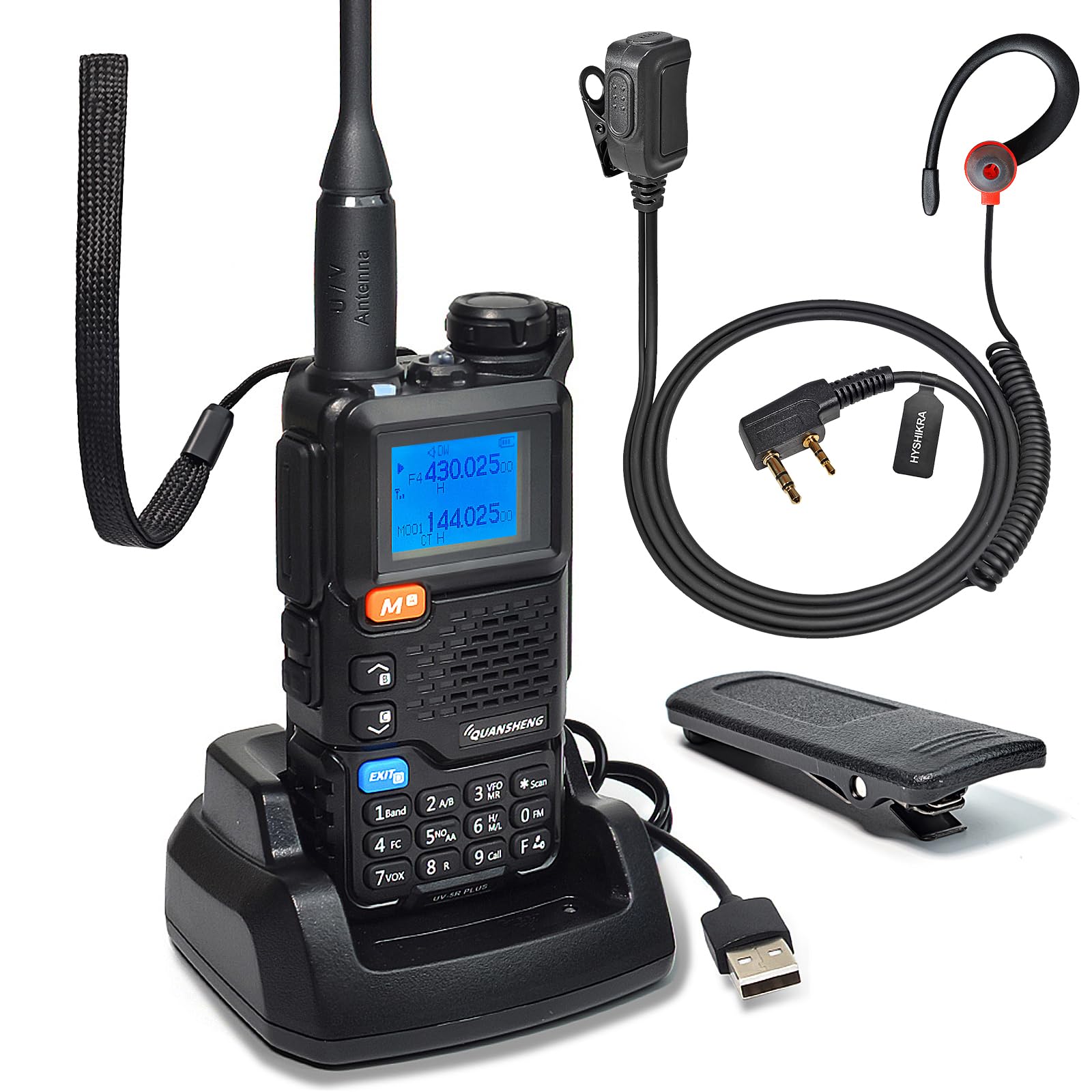 Quansheng UV5R Plus VHF UHF portátil Walkie Talkie FM NOAA Radio bidireccional para Estudio/al Aire Libre/Coche (con Auriculares Rojos en Forma de G)