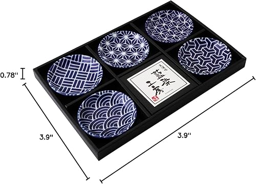 Miniatura 9 de Indigo Dyeing - Juego de 5 platos pequeños con patrón japonés, platos de salsa de soja, platos de condimentos, platos de aperitivos, con caja de