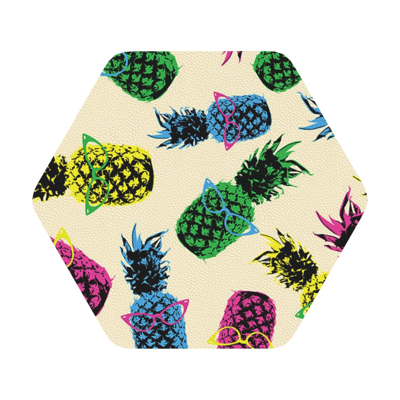 Pineapple PU Leather Coasters Set of 6 Hexagon Drink Coasters