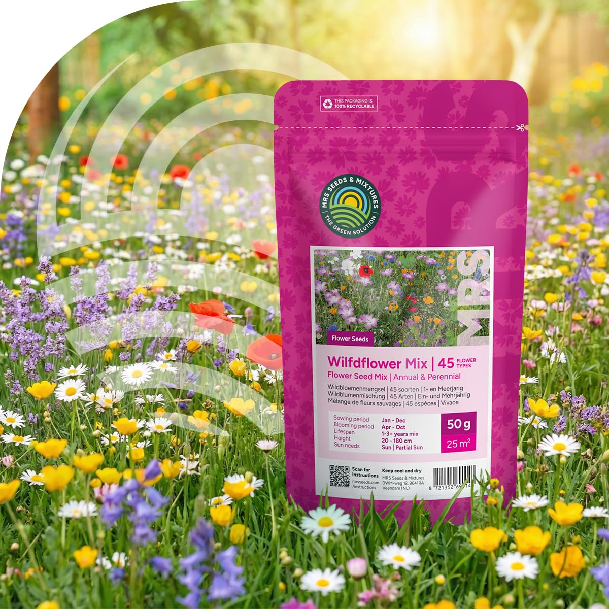 Bunte Insektenfreundliche Wildblumensamen Mischung - 1 Kilo für 500 m² - Einjährige & Mehrjährige Blumenmischung - für Wildbienen, Hummeln & Schmetterlinge - Schnelle Aussaat - MRS Seeds