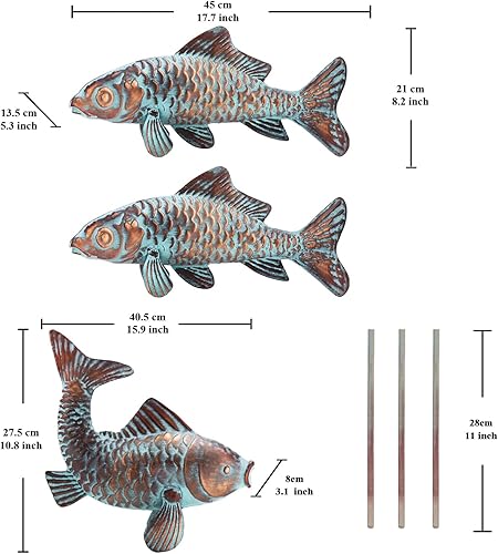 Juego de 3 estatuas de pez Koi de jardín, peces de cobre antiguo, decoración al aire libre, esculturas y estatuas de metal de peces Koi, adornos