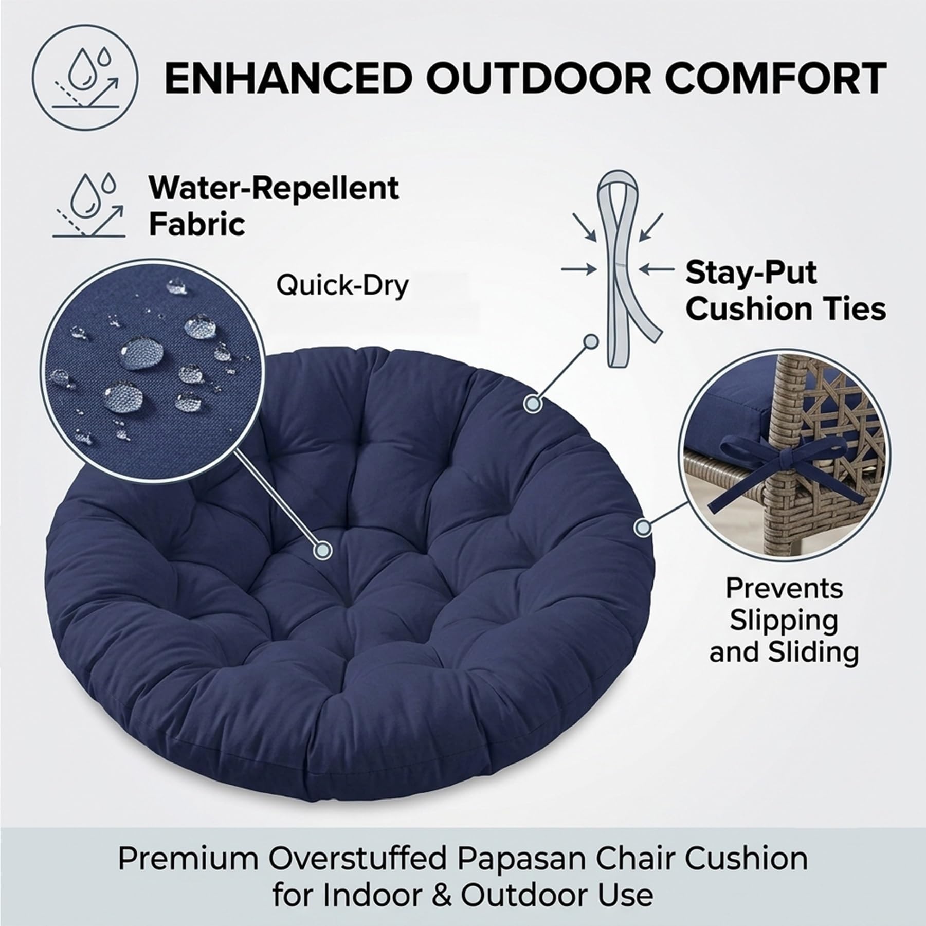 Cojín Grueso Acolchado para Silla Colgante Tipo Huevo | Relleno de algodón resistente, a prueba de salpicaduras, con lazos, ideal para columpios de porche, resistente al desgaste