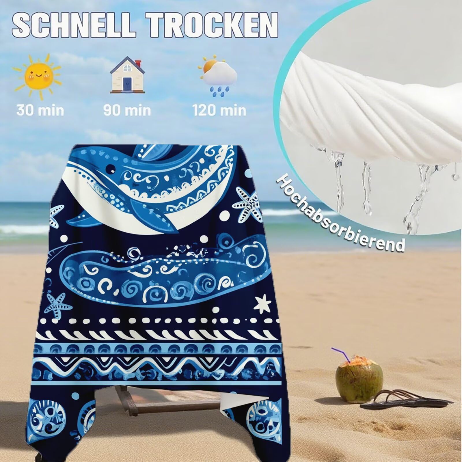 Telo Mare Microfibra, Telo Mare Grande 200x100 cm Set da 2, Antisabbia Asciugatura Rapida Assorbente Salvietta da Spiaggia Asciugamano per Palestra Piscina Viaggi Picnic, Regali Donna Pescare Q-775