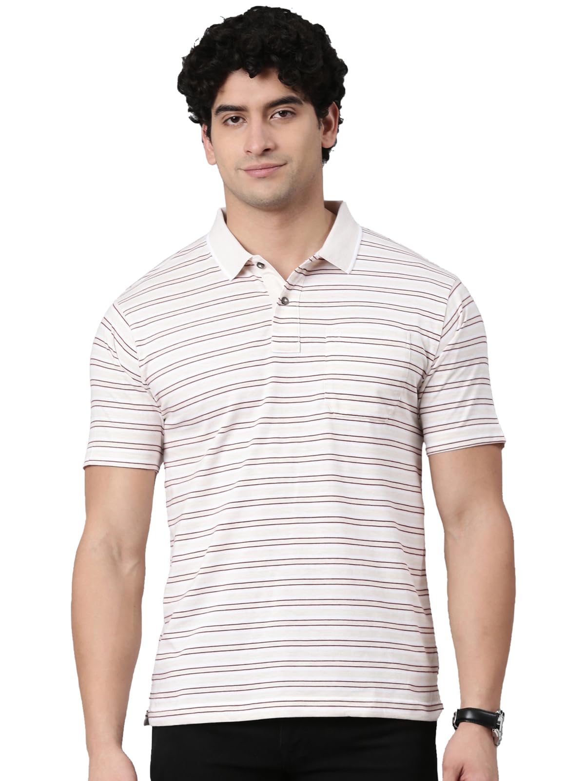 classic polo Men's Half Sleeve Polo Neck Authentic Fit Striped Cotton Blend T-Shirt-picture-38