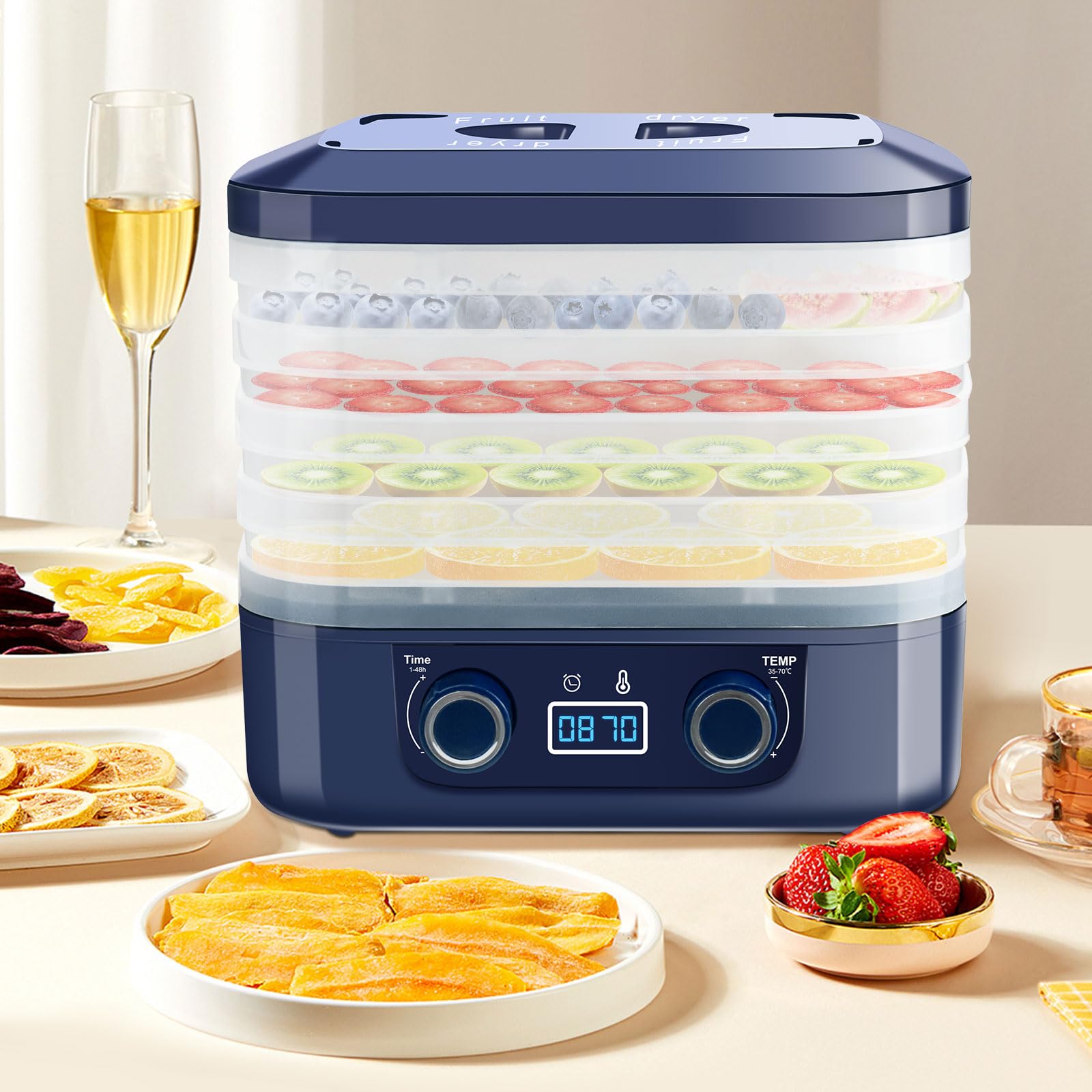 DeeprBling Déshydrateur Alimentaire, 5 Plateaux Réglables en Hauteur, Déshydrateur d'Aliments avec Écran Digital, Déshydrateur Fruits et Legumes avec Température 35-75°C et Minuterie 48H, Sans BPA