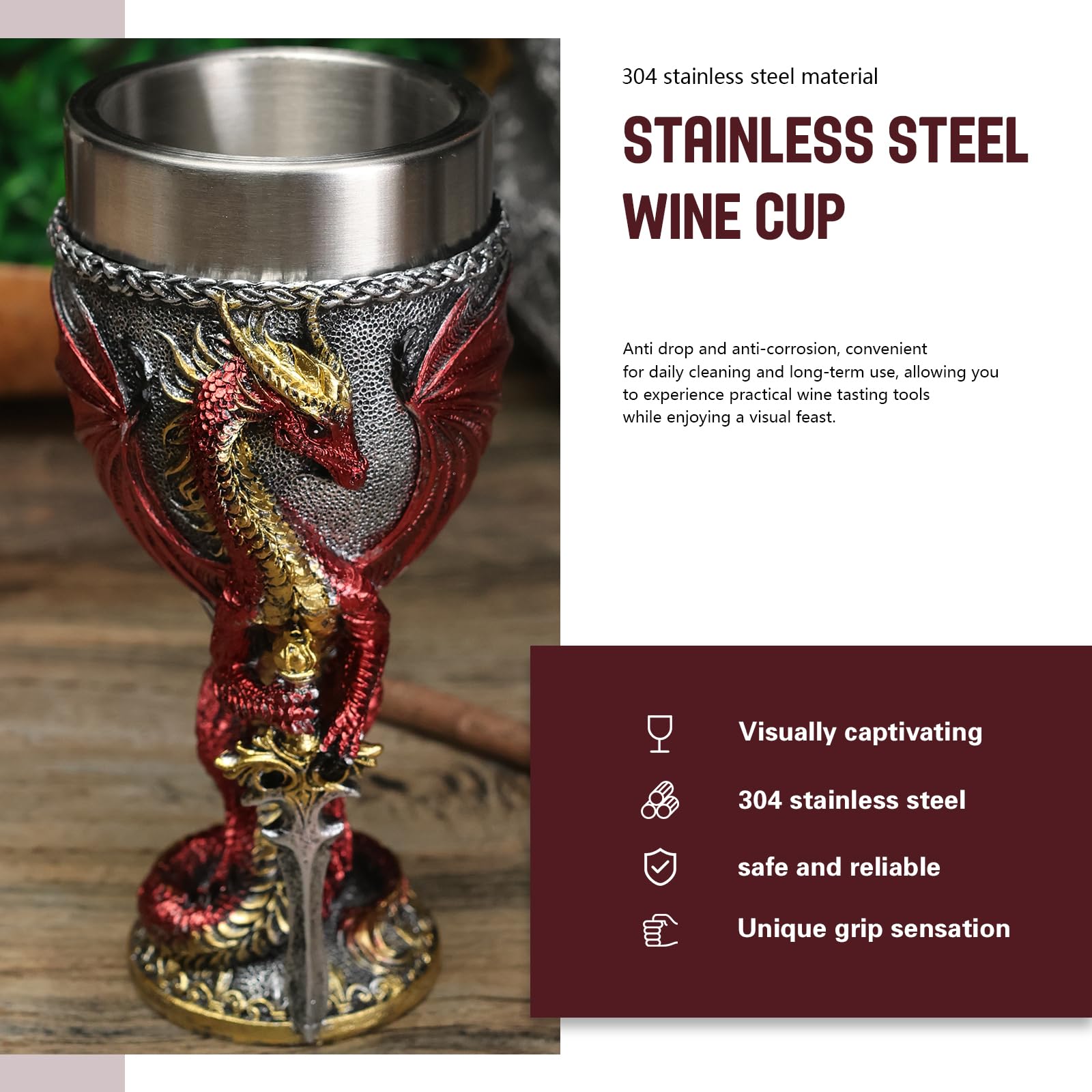 Mittelalter Drache Kelch, Gotischer Drachen Kelch, Goblet Resin Wine Cup with Stainless Steel Lining,Fantasy Dungeons and Dragons Chalice,200 ml (Blauer Schwert-Drache)