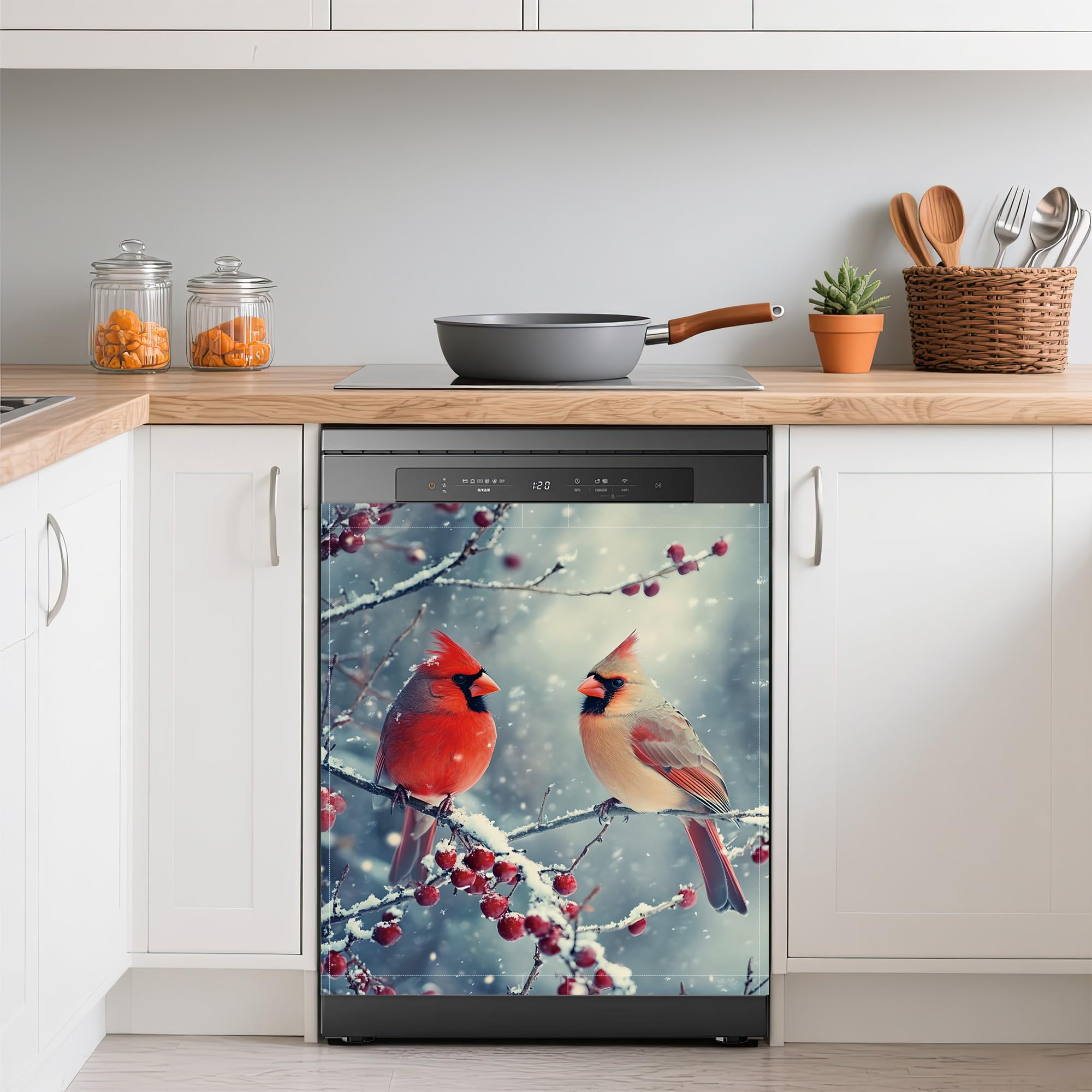 Dishwasher Magnets Decorative Cover,Winter Cardinals Refrigerator Magnet Cover,Washable Red Berry Branches Dishwasher Front Panel Cover Home Kitchen Decoration 23x26 Inch