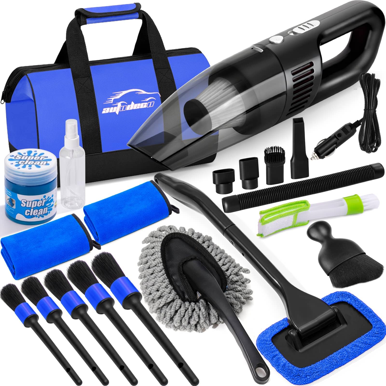 Kit di pulizia per auto, kit per la pulizia degli interni dell'auto, con aspirapolvere portatile ad alta potenza, set di spazzole, strumento per parabrezza, spolverino, asciugamani, strumenti