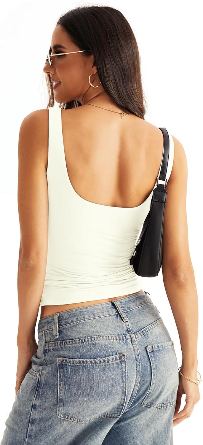 Womens Square Neck Double Lined Tank Tops Low Back Fitted Sleeveless Tops - Image 4